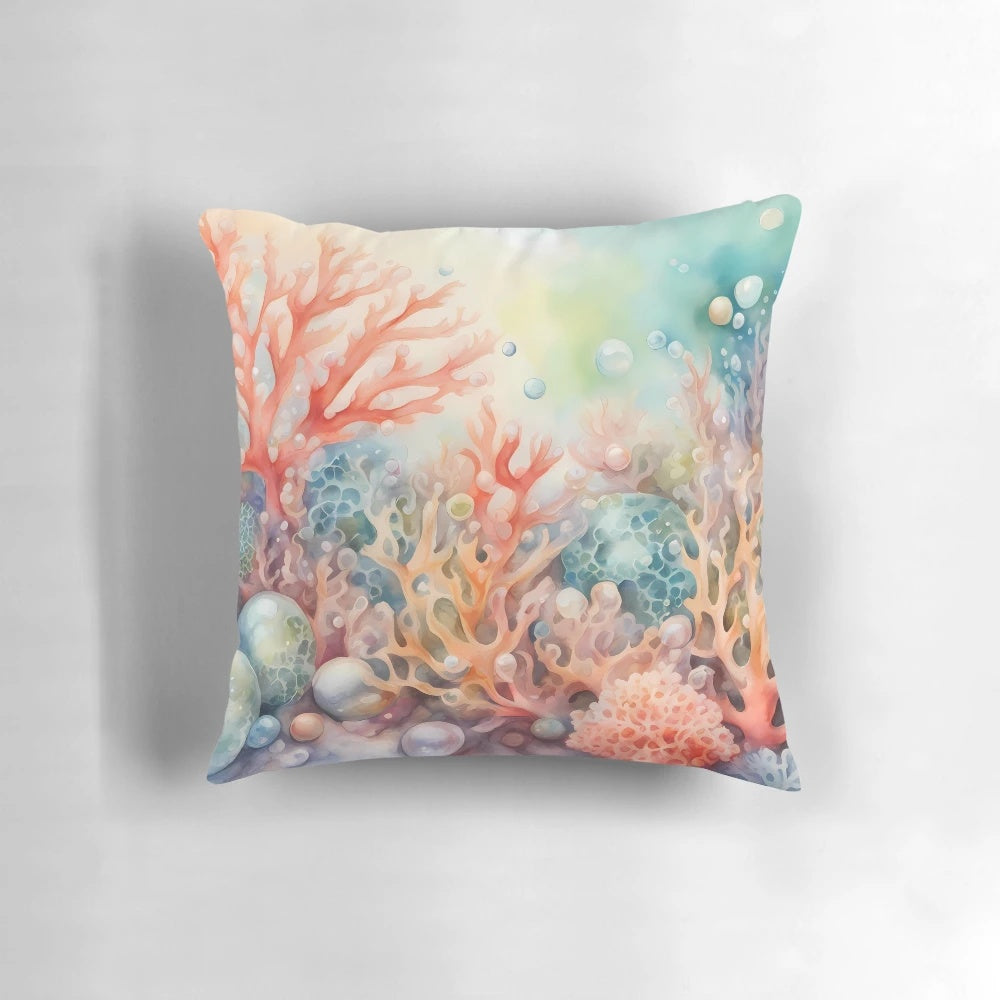 Ambient coral reef-patterned pillow with pearls and underwater scenery