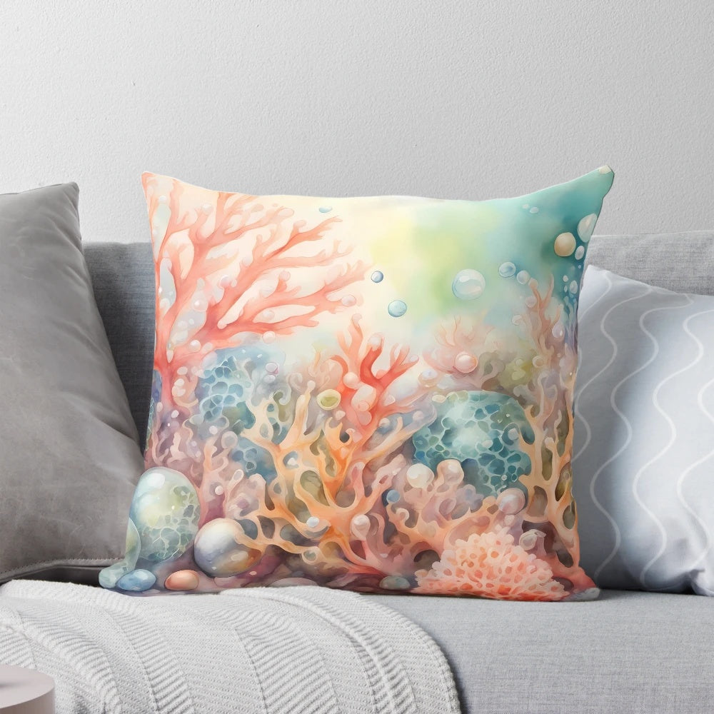 Ambient coral reef-patterned pillow with pearls and underwater scenery