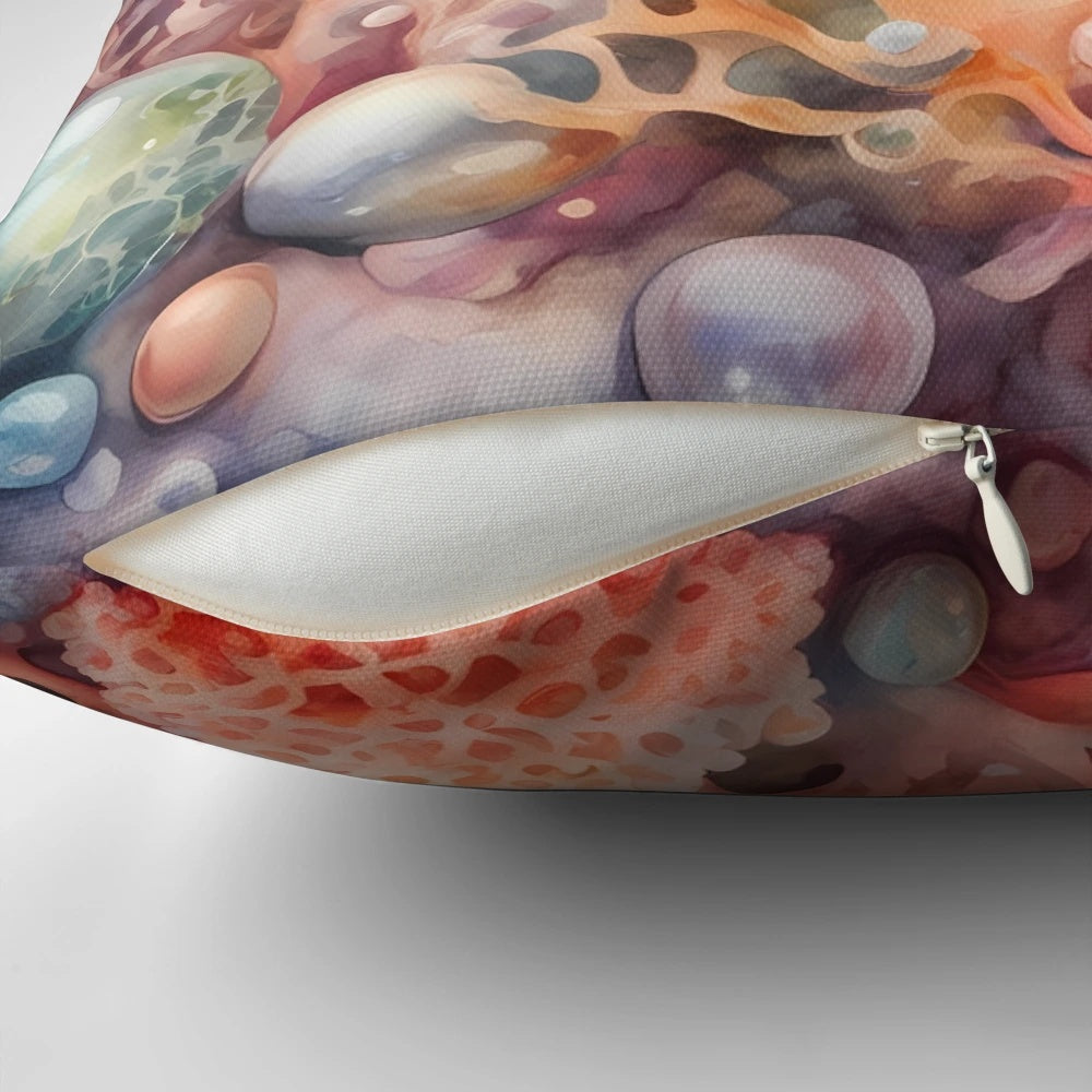 Ambient coral reef-patterned pillow with pearls and underwater scenery