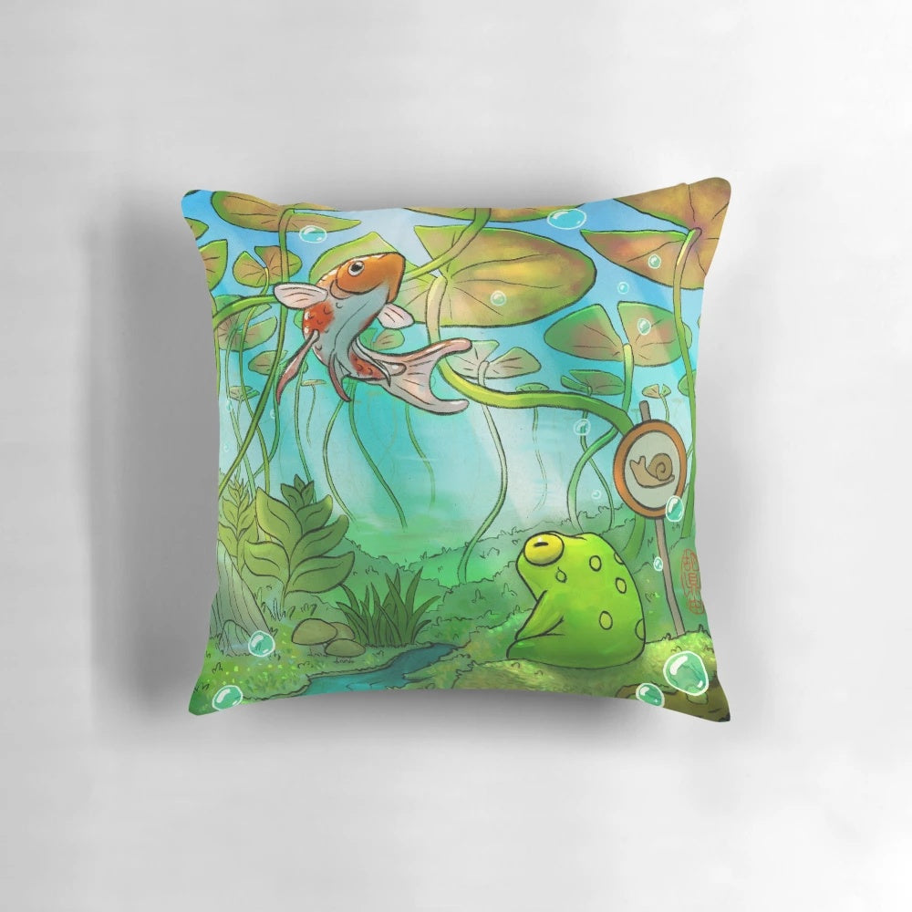 Peaceful and tranquil underwater scene with lilypads, a cute frog, and harmonious koi fish
