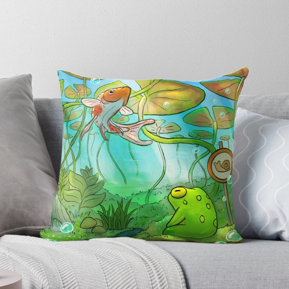 Peaceful and tranquil underwater scene with lilypads, a cute frog, and harmonious koi fish