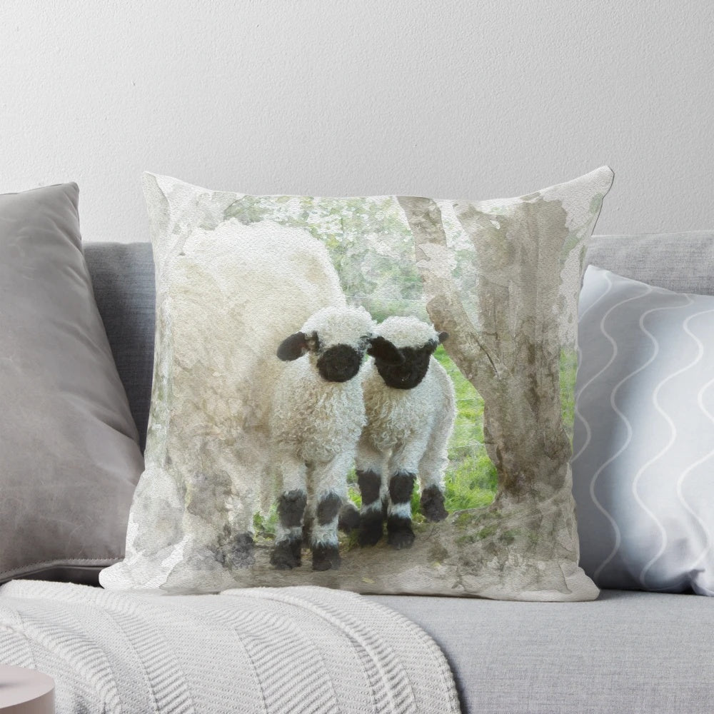 Watercolor painting of two adorable Valais Blacknose lambs on a farmhouse pillow