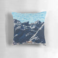 A decorative pillow featuring a scenic image of deer in the coastal environment of Vancouver Island, British Columbia.