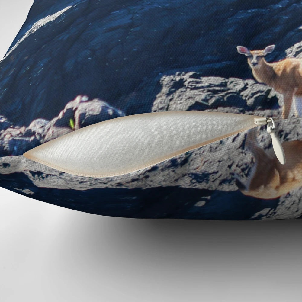 A decorative pillow featuring a scenic image of deer in the coastal environment of Vancouver Island, British Columbia.