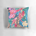 Decorative pillow featuring a hand-painted watercolor design of a tranquil koi pond with fish, flowers, and rocks