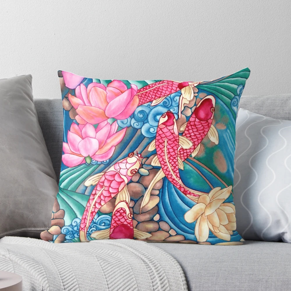 Decorative pillow featuring a hand-painted watercolor design of a tranquil koi pond with fish, flowers, and rocks