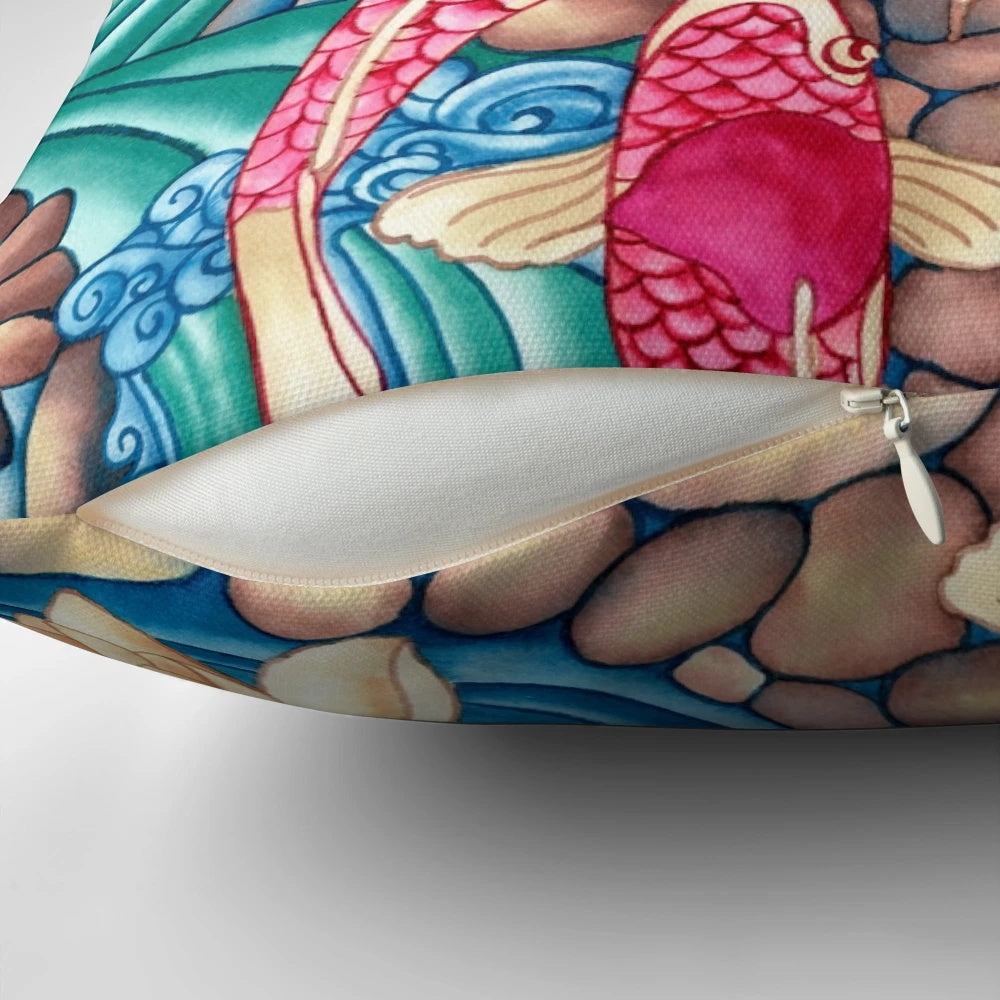 Decorative pillow featuring a hand-painted watercolor design of a tranquil koi pond with fish, flowers, and rocks