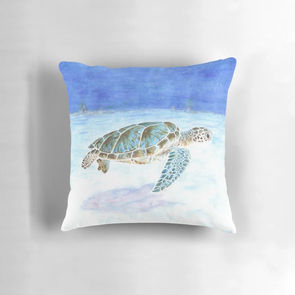 Vibrant watercolor illustration of a sea turtle swimming underwater in a tropical lagoon