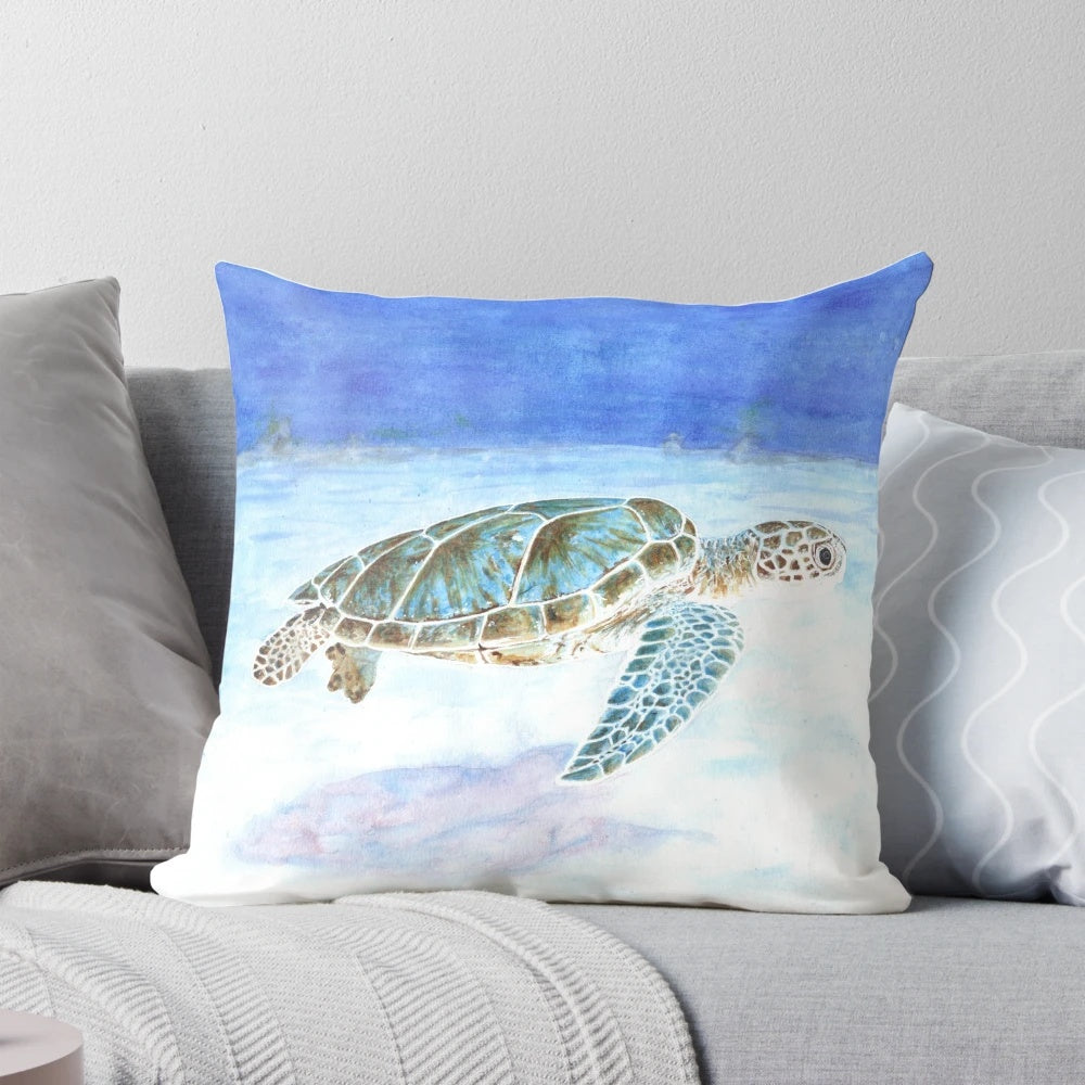 Vibrant watercolor illustration of a sea turtle swimming underwater in a tropical lagoon
