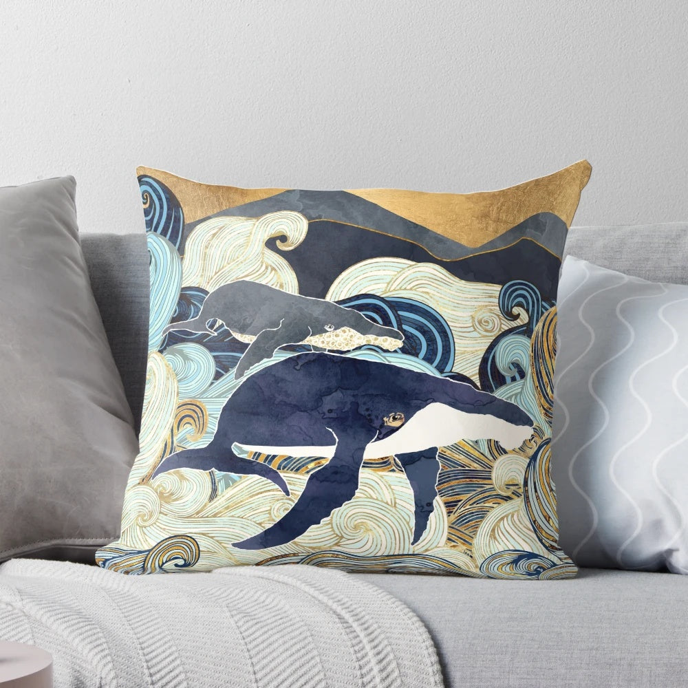 Serene watercolor painting of a whale mother and child swimming in the ocean