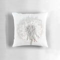 A close-up photograph of a delicate white dandelion flower set against a plain white background.