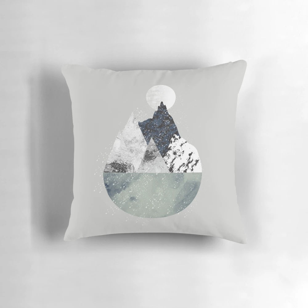 A beautiful winter landscape painting featuring a snowy, minimalist scene with a focus on the winter pillow.