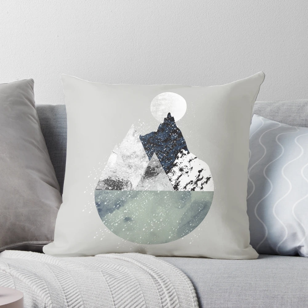 A beautiful winter landscape painting featuring a snowy, minimalist scene with a focus on the winter pillow.