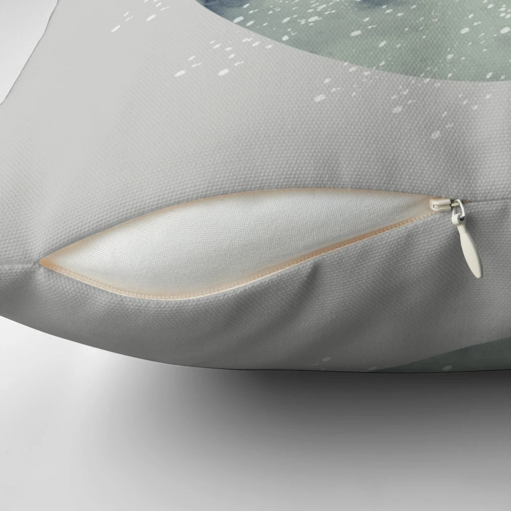 A beautiful winter landscape painting featuring a snowy, minimalist scene with a focus on the winter pillow.
