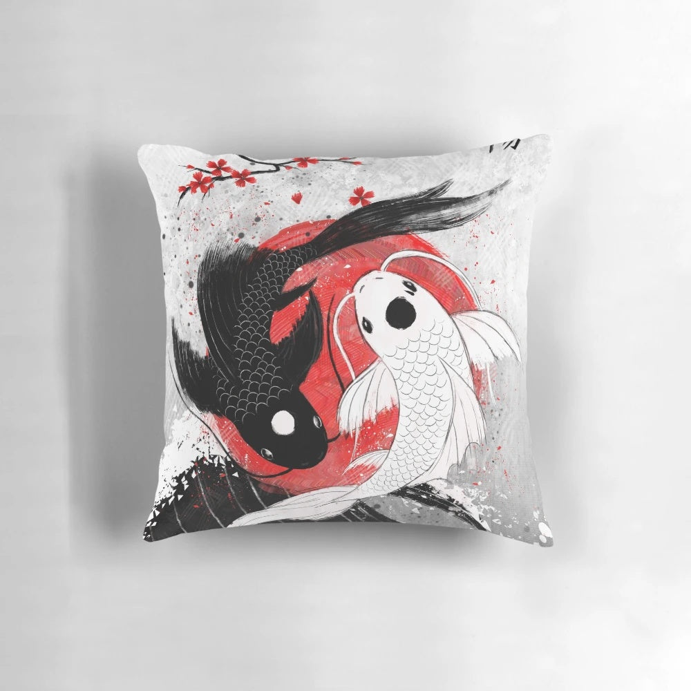 Vibrant yin yang koi fish design on a plush, decorative throw pillow