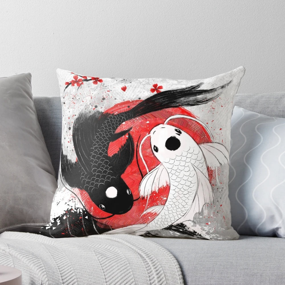 Vibrant yin yang koi fish design on a plush, decorative throw pillow