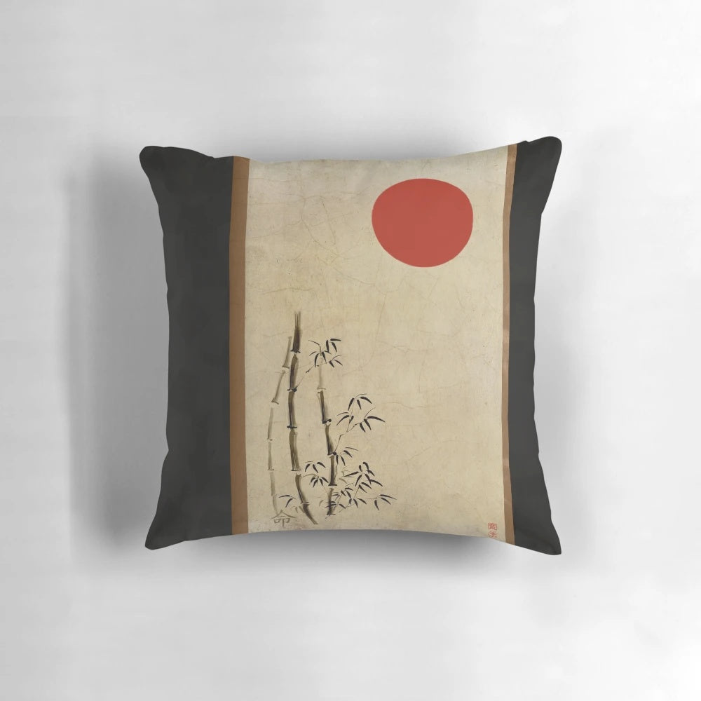Pillow with Japanese kanji design, representing peace and tranquility.