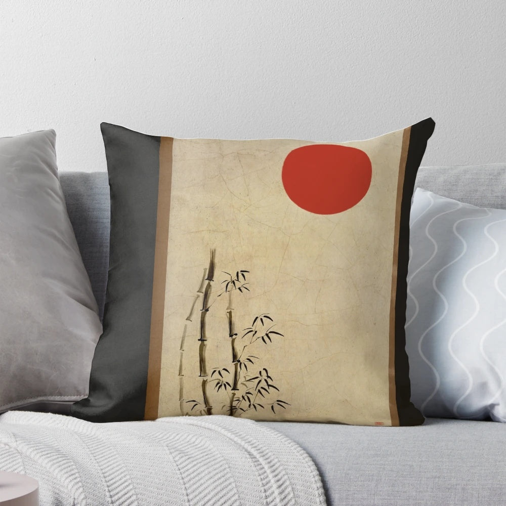 Pillow with Japanese kanji design, representing peace and tranquility.