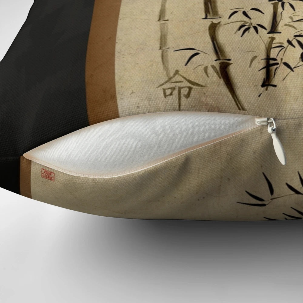 Pillow with Japanese kanji design, representing peace and tranquility.