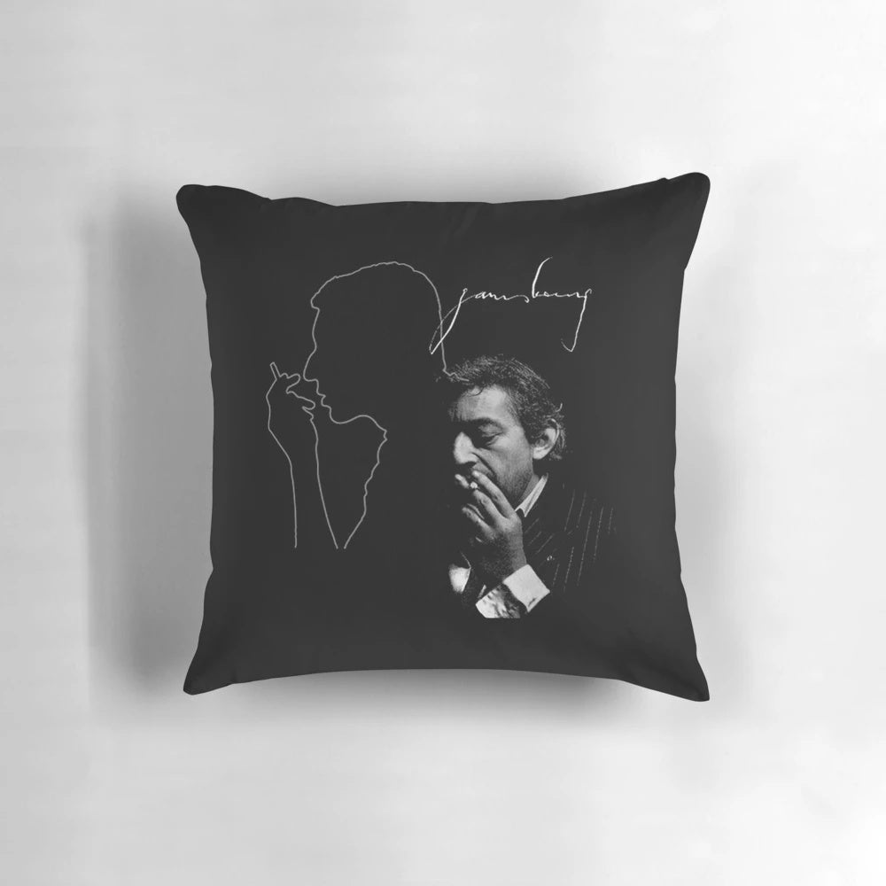 Vibrant pop art-style pillow featuring the iconic French singer-songwriter Serge Gainsbourg