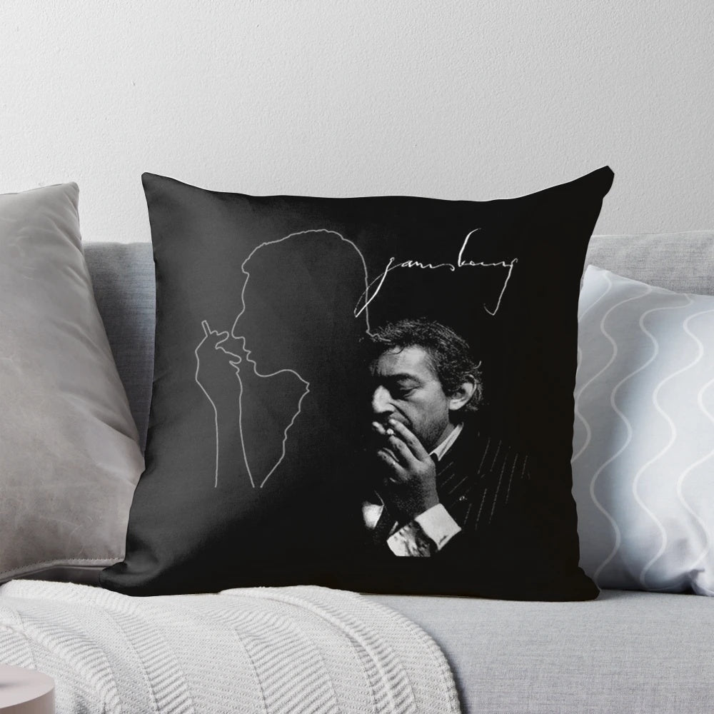 Vibrant pop art-style pillow featuring the iconic French singer-songwriter Serge Gainsbourg