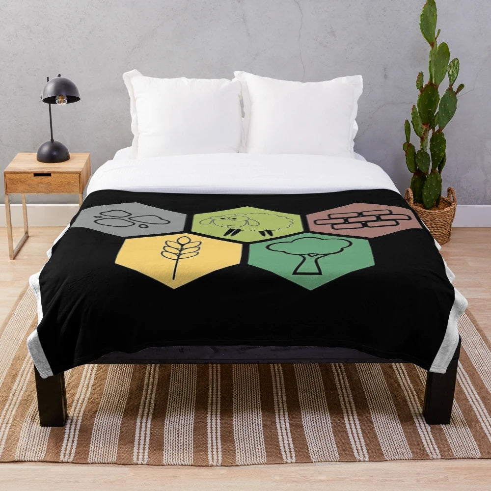 Settlers of Catan themed plush blanket with geek-inspired graphics
