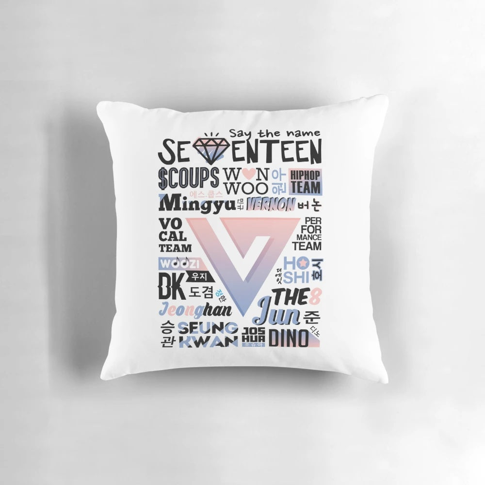 Seventeen Font Collage Pillow in Rose Quartz and Serenity Colors