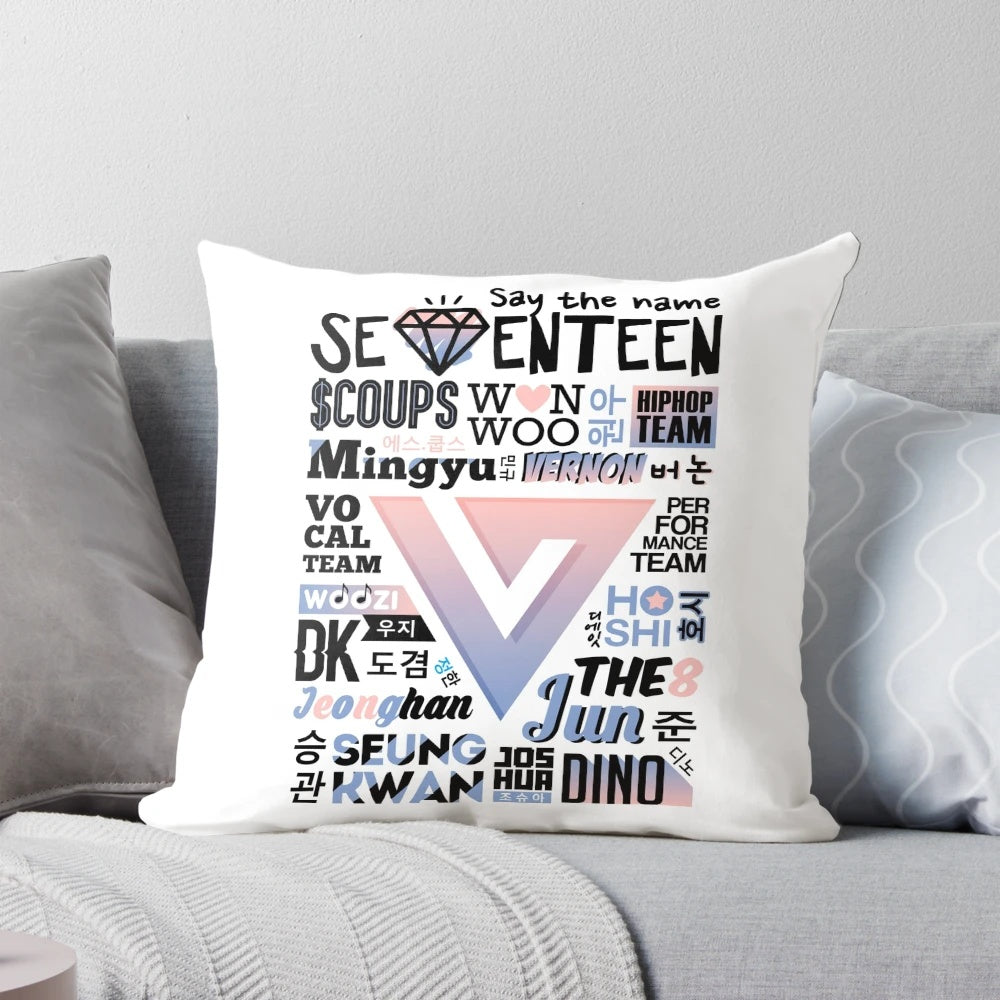 Seventeen Font Collage Pillow in Rose Quartz and Serenity Colors