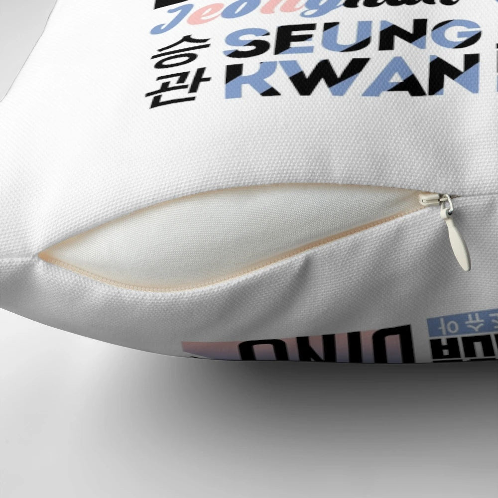 Seventeen Font Collage Pillow in Rose Quartz and Serenity Colors