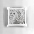 Sewing-themed decorative pillow featuring Craig Conover's "What's Wrong With My Sewing?" quote