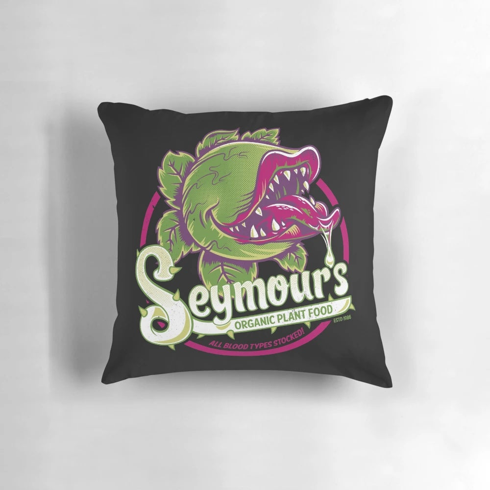 Vintage-style pillow featuring Seymour's Organic Plant Food from the cult classic movie "Little Shop of Horrors