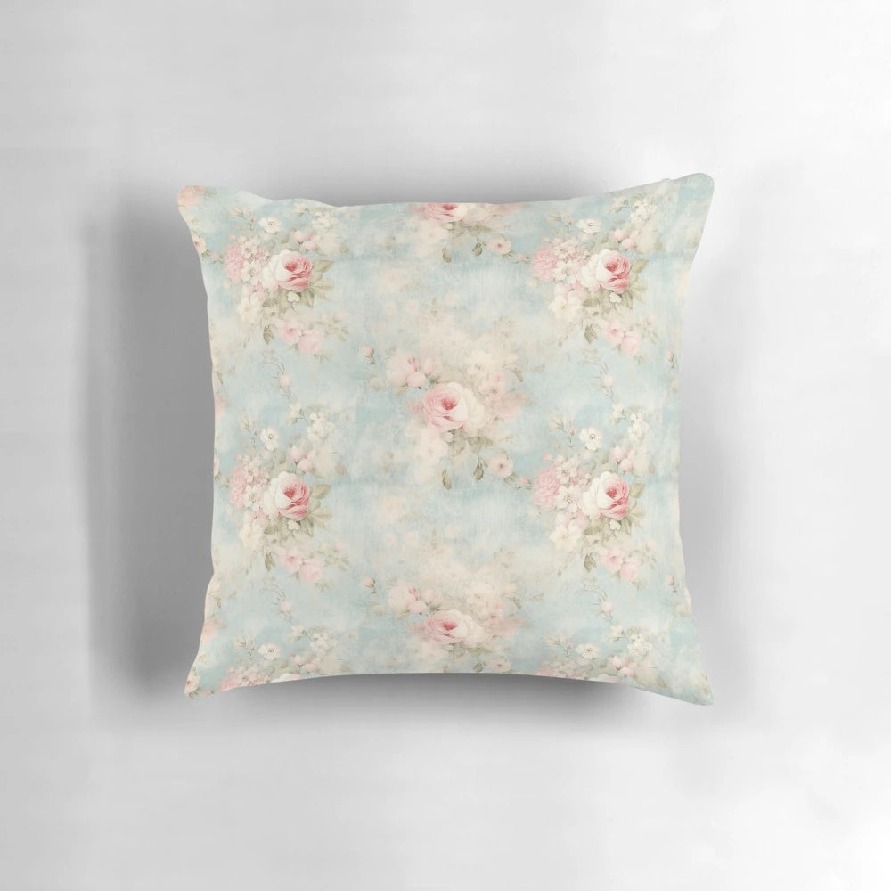 Shabby chic pattern 12-inch throw pillow with flowers and distressed textures for farmhouse or country-style home decor.