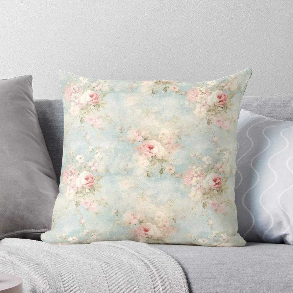 Shabby chic pattern 12-inch throw pillow with flowers and distressed textures for farmhouse or country-style home decor.