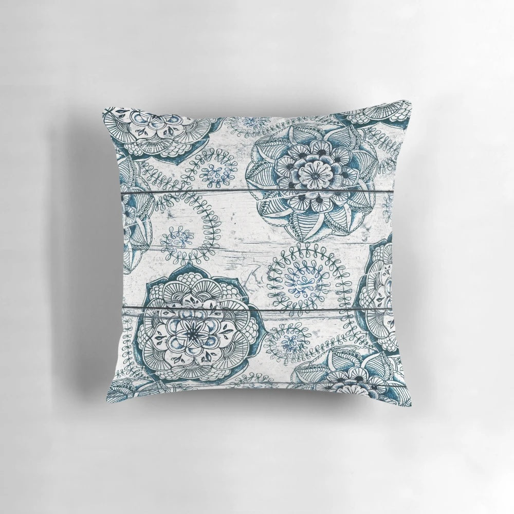 Shabby chic navy blue doodle pattern wooden throw pillow