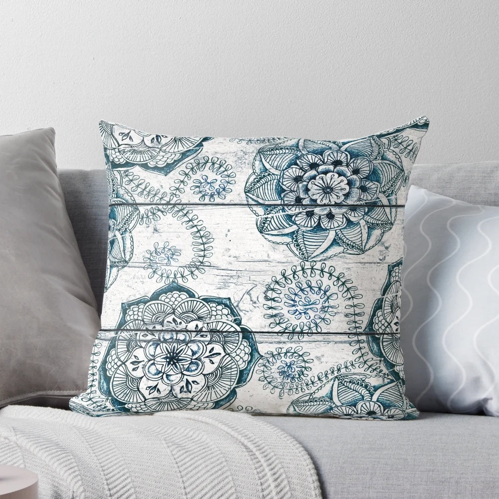 Shabby chic navy blue doodle pattern wooden throw pillow