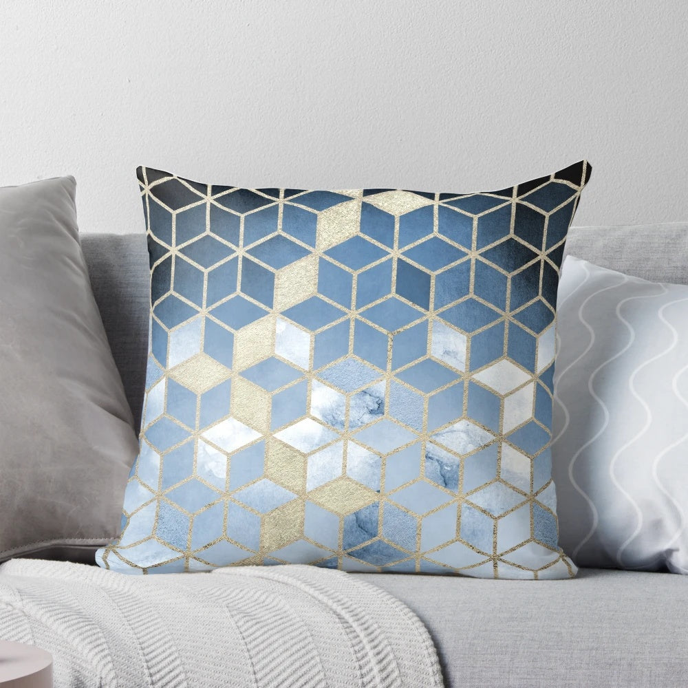Shades of blue cubes geometric pattern decorative throw pillow