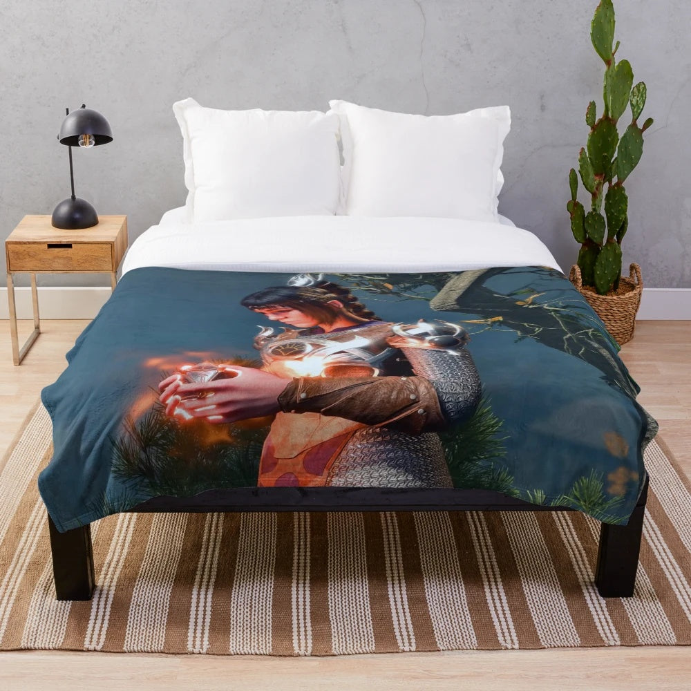 Shadowheart the human cleric adventurer holding an artifact, depicted on a plush fantasy-themed blanket
