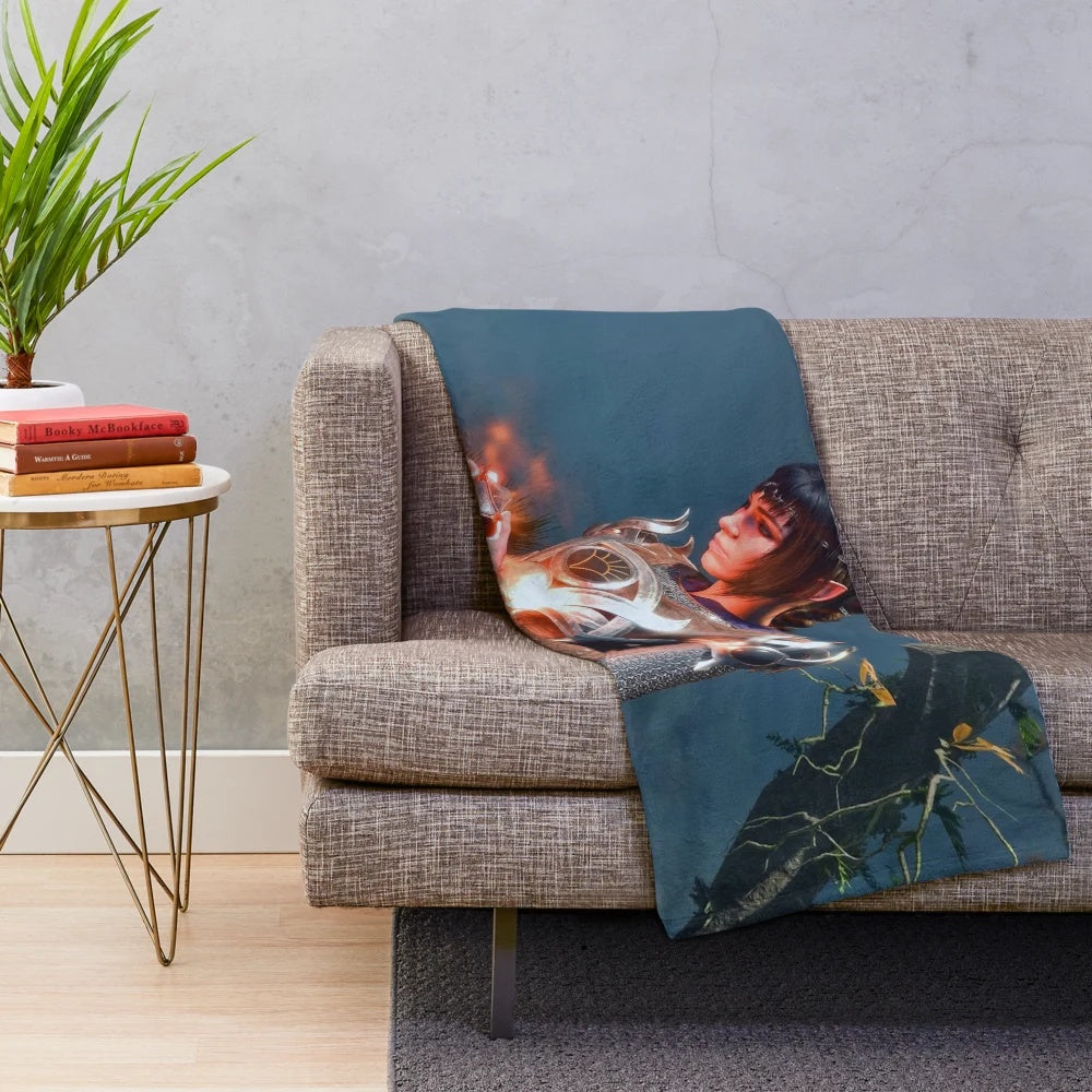 Shadowheart the human cleric adventurer holding an artifact, depicted on a plush fantasy-themed blanket