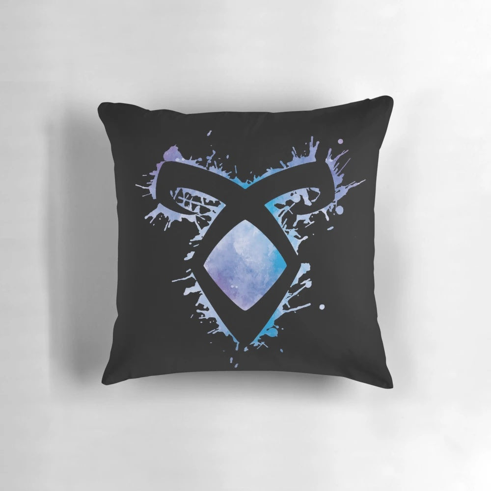 Shadowhunters-inspired pillow with angelic power rune design in blue watercolor with splashes