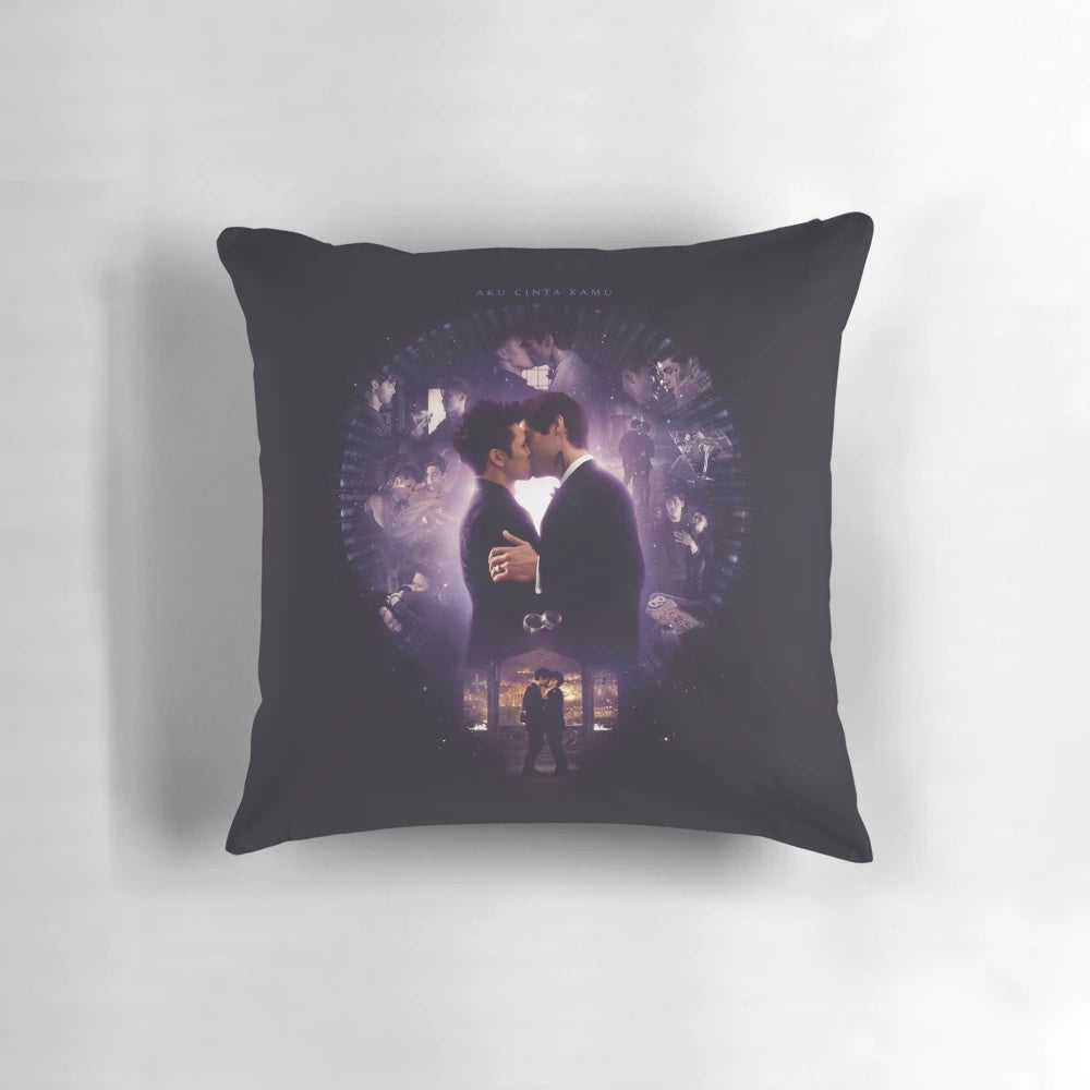 Decorative throw pillow featuring the Shadowhunters couple Malec with the text "Aku Cinta Kamu" (I Love You)