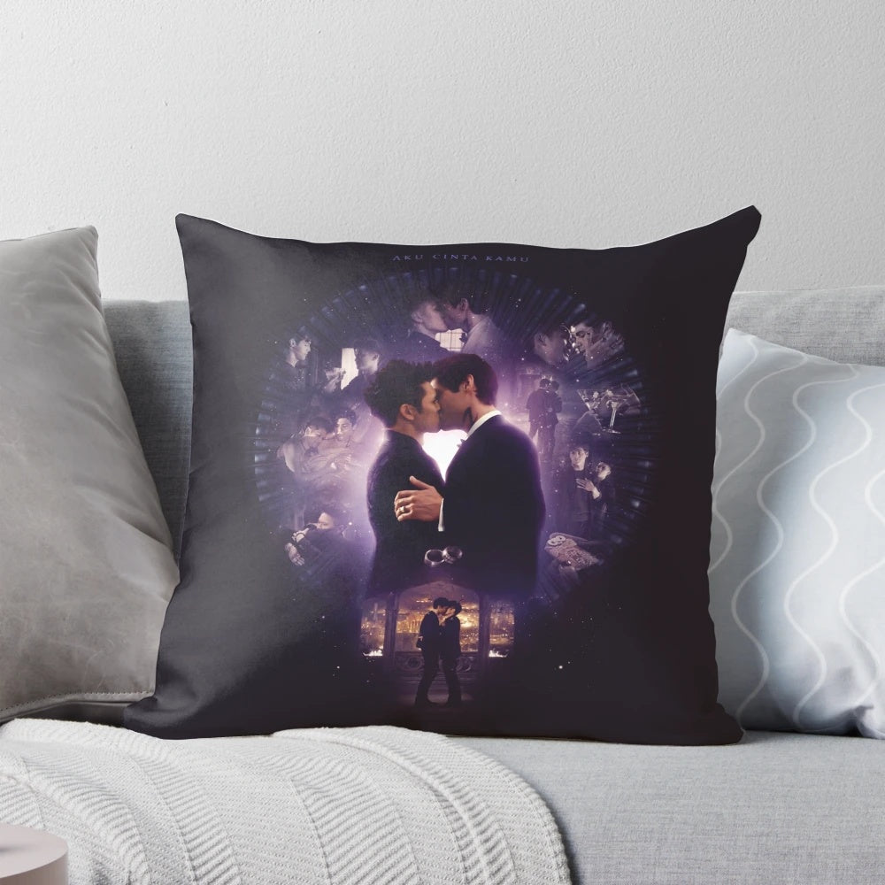 Decorative throw pillow featuring the Shadowhunters couple Malec with the text "Aku Cinta Kamu" (I Love You)