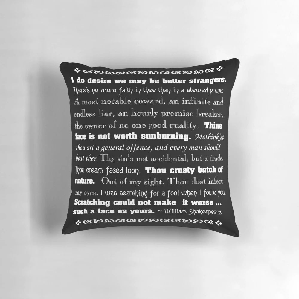 Shakespearean Insults Decorative Pillow - Black and White Pillow with Quotes from Shakespeare