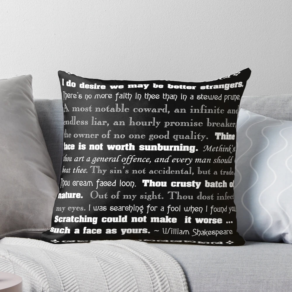 Shakespearean Insults Decorative Pillow - Black and White Pillow with Quotes from Shakespeare