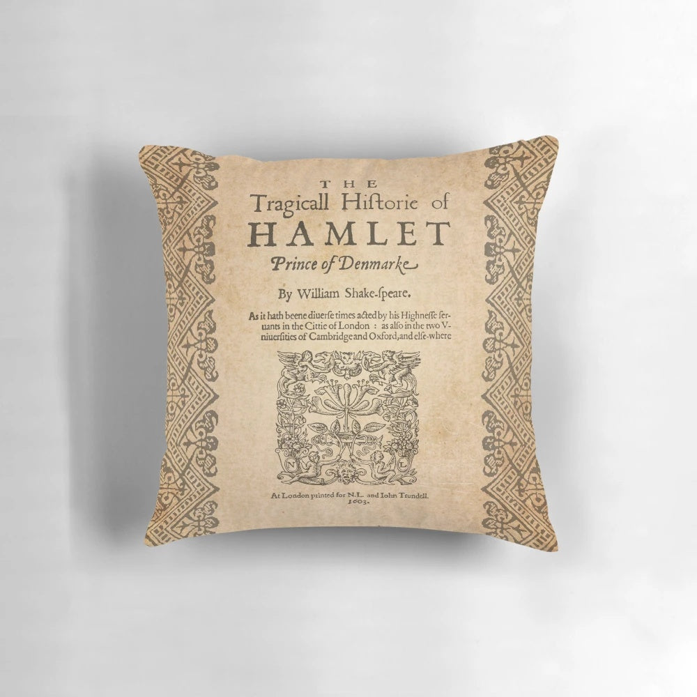 Throw pillow featuring the cover of the first quarto edition of Shakespeare's Hamlet from 1603