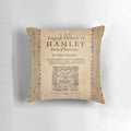 Throw pillow featuring the cover of the first quarto edition of Shakespeare's Hamlet from 1603
