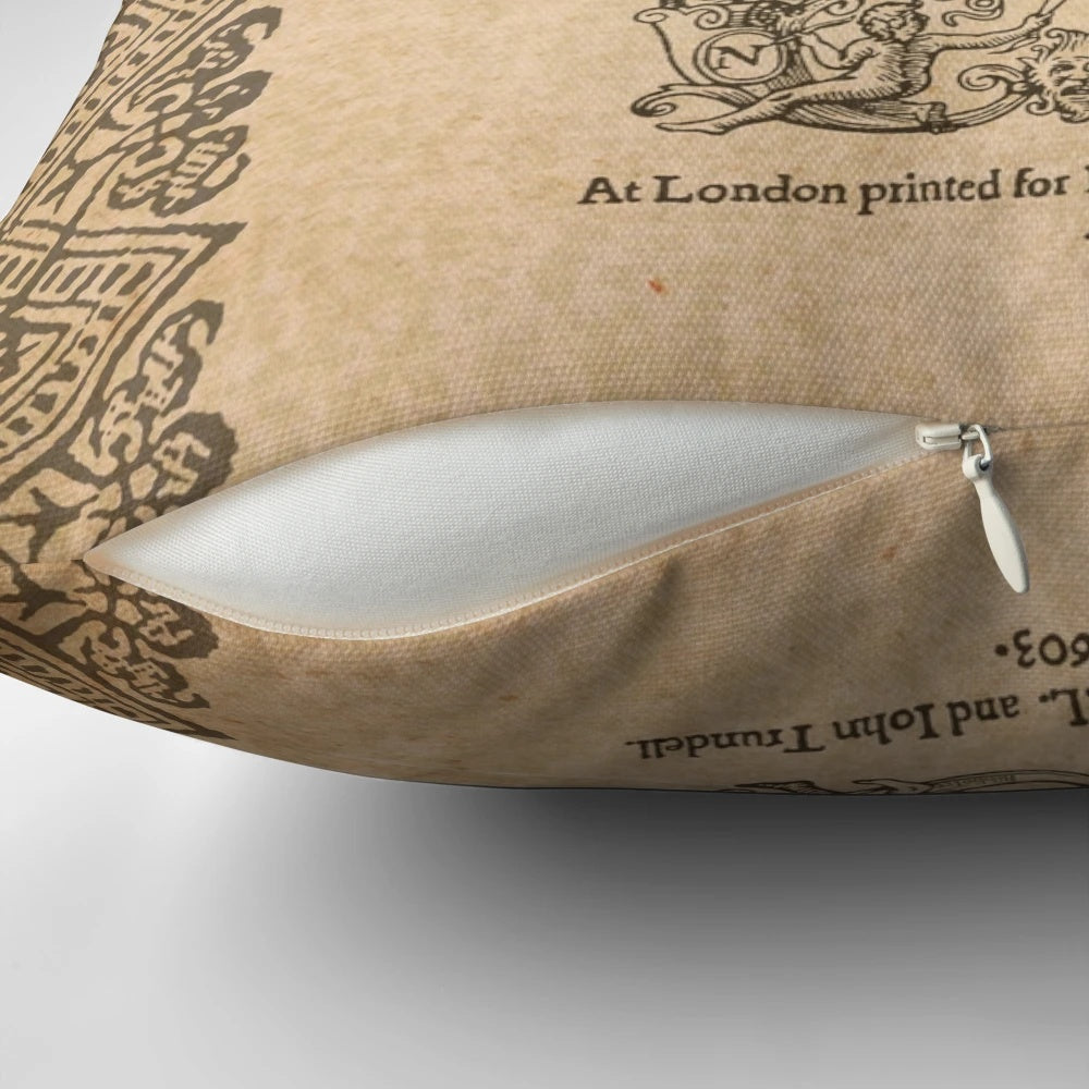 Throw pillow featuring the cover of the first quarto edition of Shakespeare's Hamlet from 1603