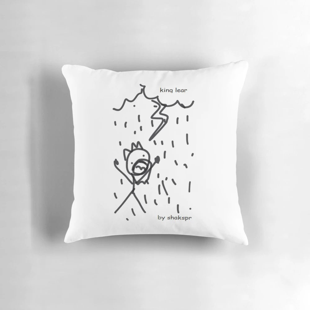 A plush, high-quality pillow featuring the iconic play "King Lear" by William Shakespeare