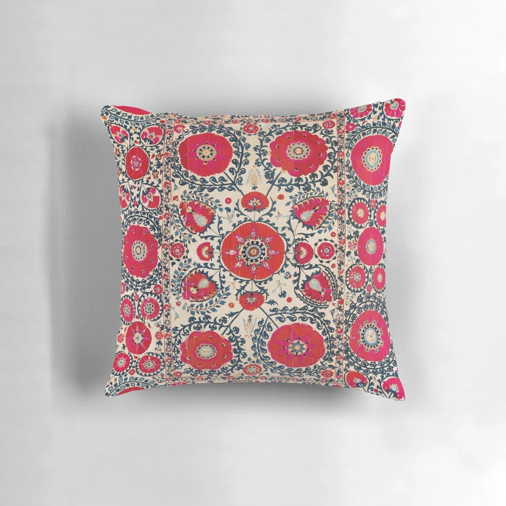 Shakhrisyabz Uzbekistan silk embroidered Bokhara pillow with vibrant colors and traditional tribal pattern