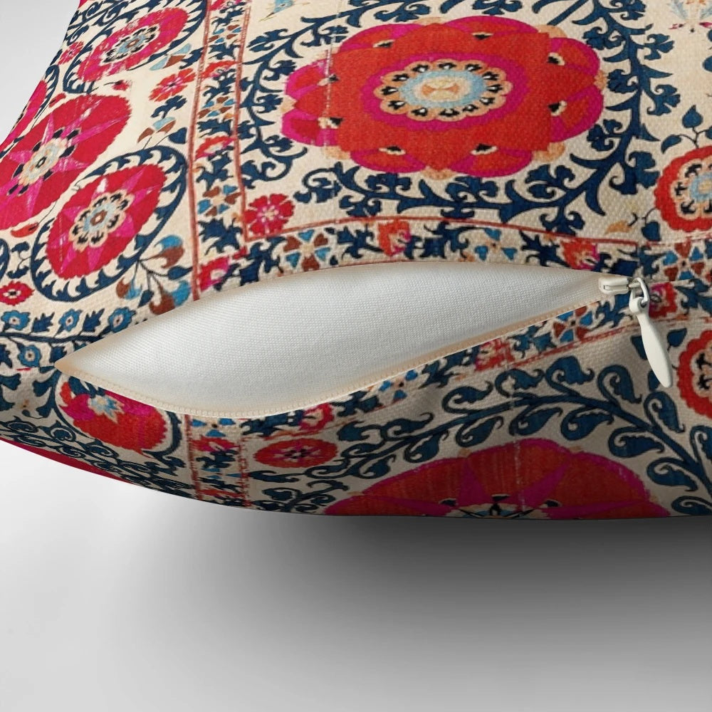 Shakhrisyabz Uzbekistan silk embroidered Bokhara pillow with vibrant colors and traditional tribal pattern