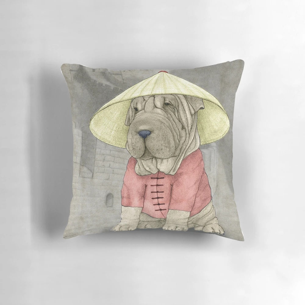 A decorative throw pillow featuring a Shar Pei dog against the backdrop of the Great Wall of China.